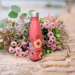bouteille isotherme rouge décorée de fleurs anémones 500ml avec bouchon inox