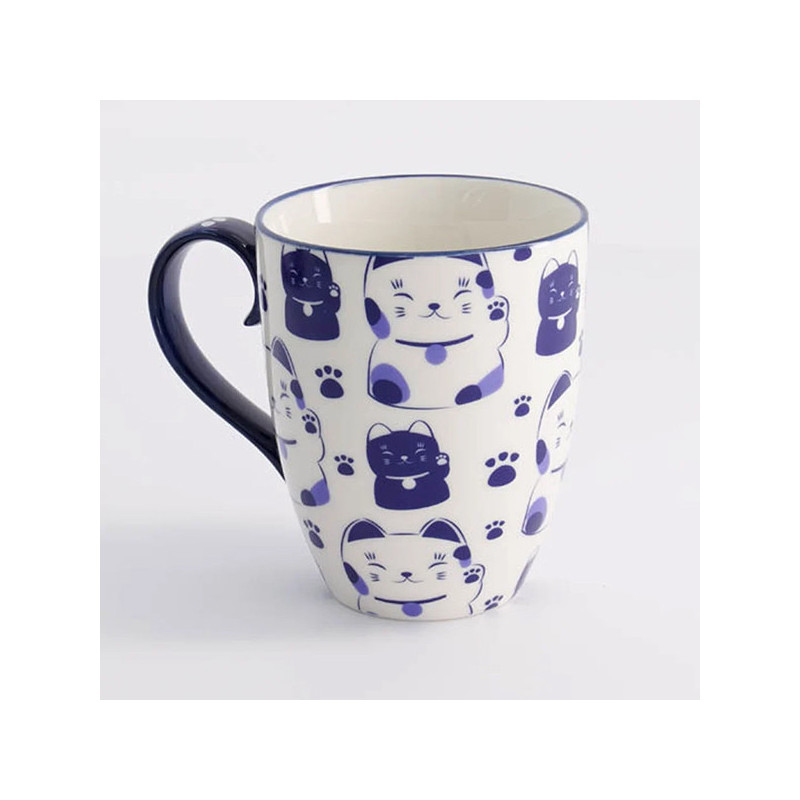 Mug blanc avec motifs chats Maneko bleus et anses bleu foncé 380ml