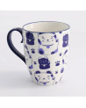 Witte mok met blauwe Maneko kattenmotieven en donkerblauwe oren 380ml