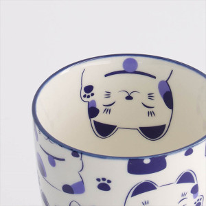 Mug en céramique blanc décor chat Maneko bleu kawaii avec motifs pattes et visage chat intérieur et extérieur