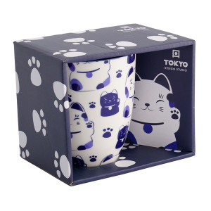 Witte mok met blauwe Maneko kattendecoratie met kattenpootjes in keramiek 380ml in blauwe doos