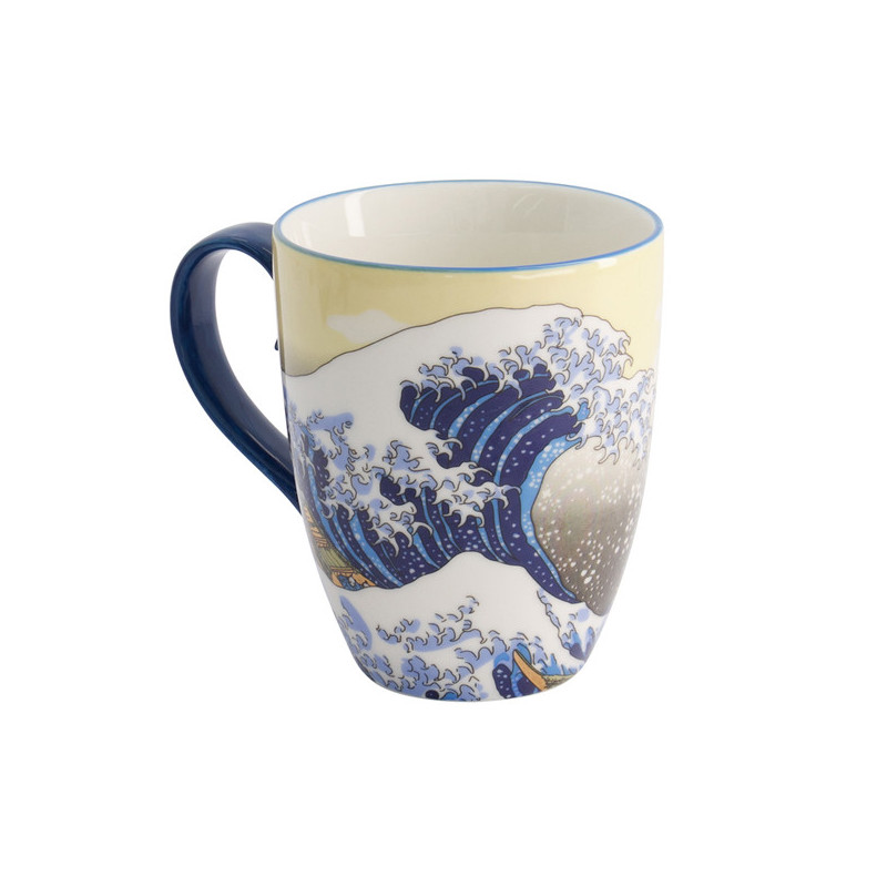 Mug en céramique avec motif vague inspiré de l estampe japonaise Hokusai capacité 380 ml poignée bleue