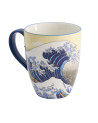 Keramische mok met golfmotief geïnspireerd op de Japanse prent van Hokusai capaciteit 380 ml blauw handvat