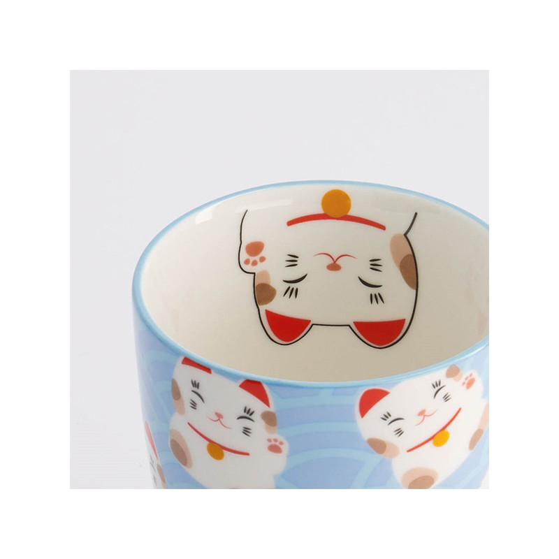 Blauwe mok met kawaii gelukskat motieven glimlach gesloten ogen 380ml