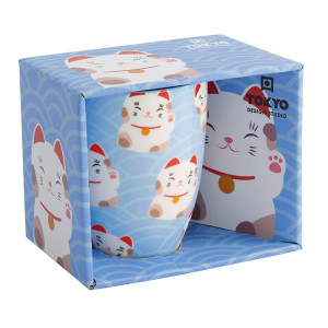 Blauwe keramische mok met kawaii gelukskat motieven 380 ml met Tokyo Design Studio cadeaudoos