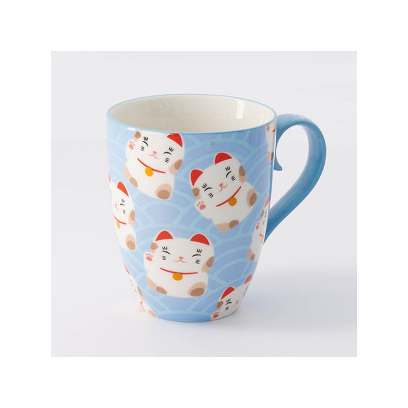 Blauwe mok met kawaii gelukskat motieven 380 ml met ergonomisch oor