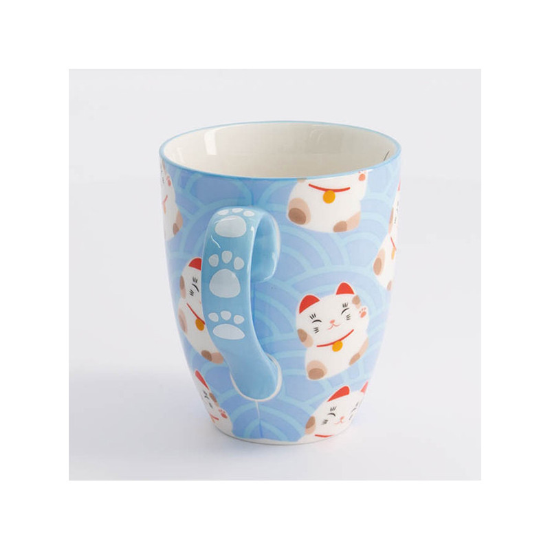 Blauwe keramische mok met gelukskat motieven en pootafdrukken op het oor