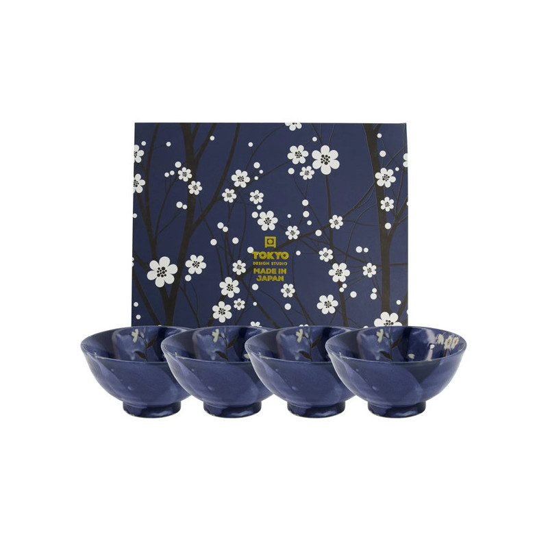 Geschenkset mit vier Keramikschalen in Blau mit Kirschblütenmuster Sakura 600ml und dekorativem Kasten