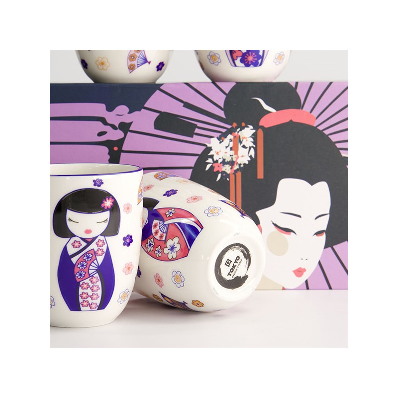 Cofanetto tazza kawaii Maiko 170ML con decorazione geisha e fiori su sfondo bianco e viola