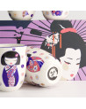 Geschenkset Kawaii-Tasse Maiko 170 ml mit Geisha- und Blütenmotiv auf weißem und violettem Hintergrund