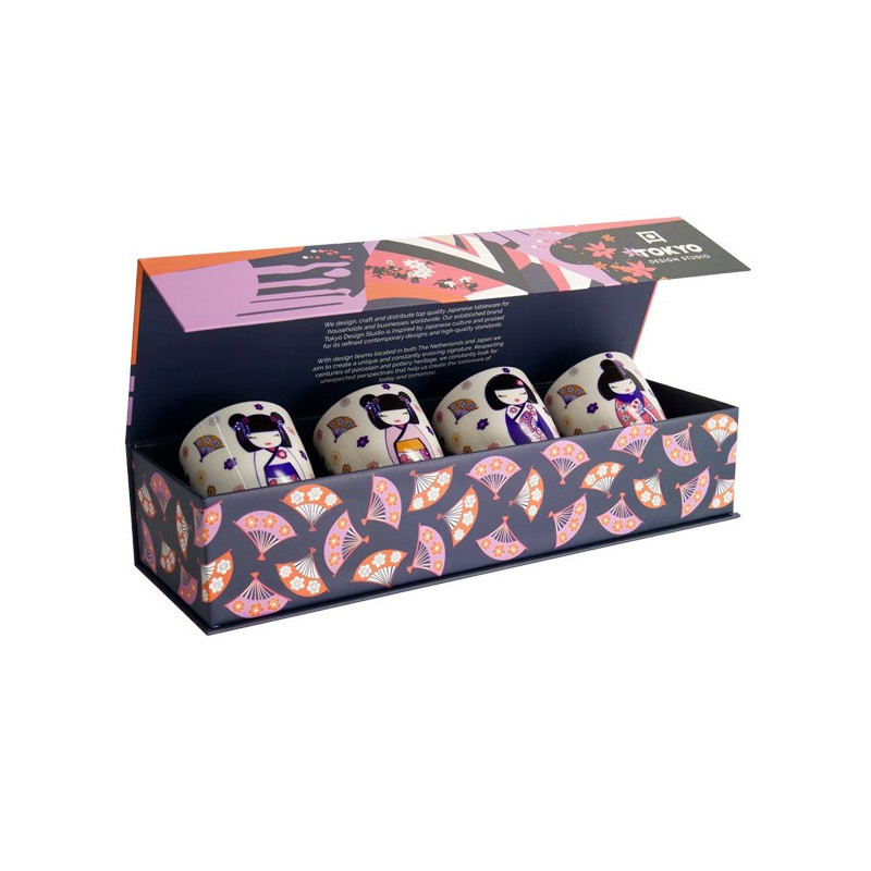 Geschenkset mit vier Tassen Maiko à 170 ml mit japanischen Motiven in farbiger Geschenkbox