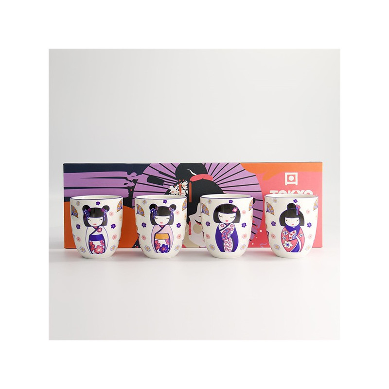 Coffret de quatre tasses kawaii Maiko 170 ml avec motifs de geishas et fleurs colorées