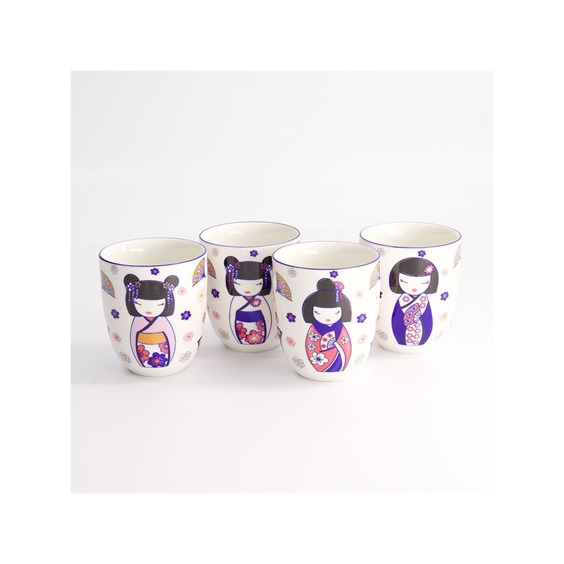 Geschenkset van vier porseleinen bekers versierd met Japanse kawaii Maiko poppen 170 ml