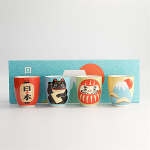 Geschenkset vier kawaii Tassen 170 ml mit japanischen Motiven Glückskatze Daruma Berg Fuji Laterne