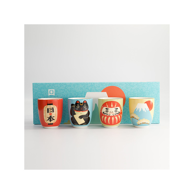 Geschenkset van vier kawaii bekers 170ML met Japanse motieven gelukskat daruma berg Fuji lantaarn