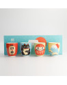 Geschenkset vier kawaii Tassen 170 ml mit japanischen Motiven Glückskatze Daruma Berg Fuji Laterne