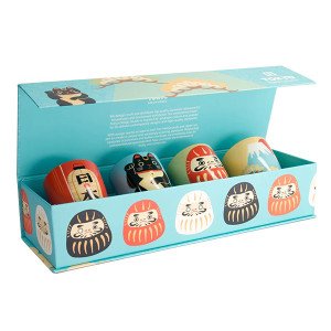 Set aus vier süßen Tassen im Kawaii-Stil, 170 ml, mit bunten japanischen Mustern in blauer Schachtel
