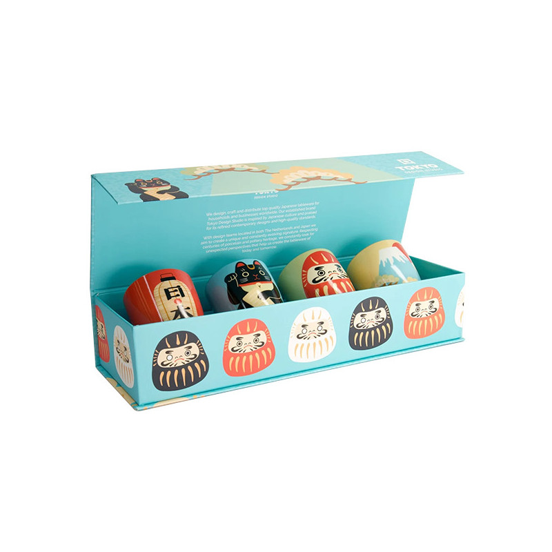 Set aus vier süßen Tassen im Kawaii-Stil, 170 ml, mit bunten japanischen Mustern in blauer Schachtel