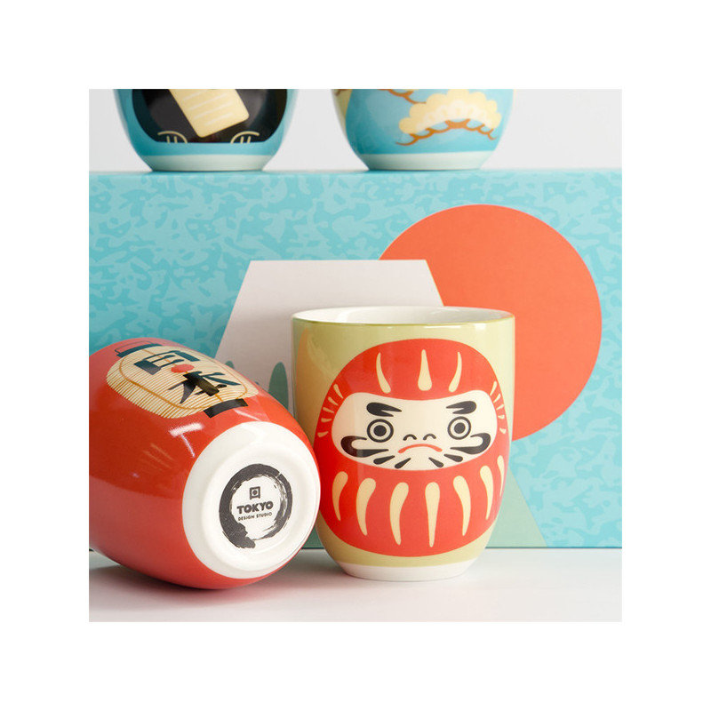 Cofanetto tazza kawaii 170 ml motivo daruma rosso e bianco con scatola decorata blu e arancione