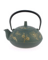 Green cast iron teapot with bronze butterfly and flower motifs, black handle, 600 ml