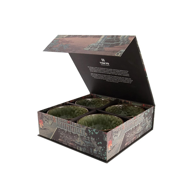 Gift box of four green ceramic bowls glossy finish traditional Japanese pattern
