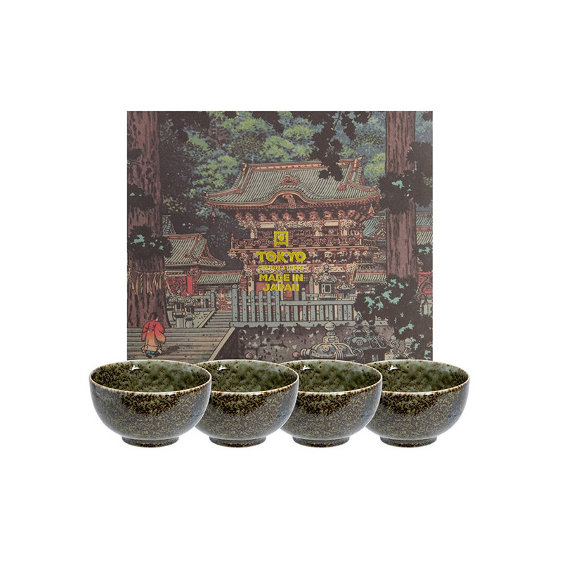 Set aus vier Shinryoku-Schalen aus Keramik mit grüner und schwarzer Marmorierungsoptik