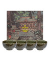 Set aus vier Shinryoku-Schalen aus Keramik mit grüner und schwarzer Marmorierungsoptik