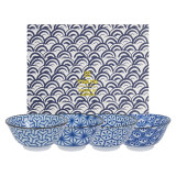 Set van vier porseleinen kommen met Japanse blauwe motieven 550 ml met decoratieve doos