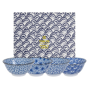 Geschenkset mit vier Porzellanschalen, japanische blaue Muster, 550 ml, mit dekorativer Schachtel