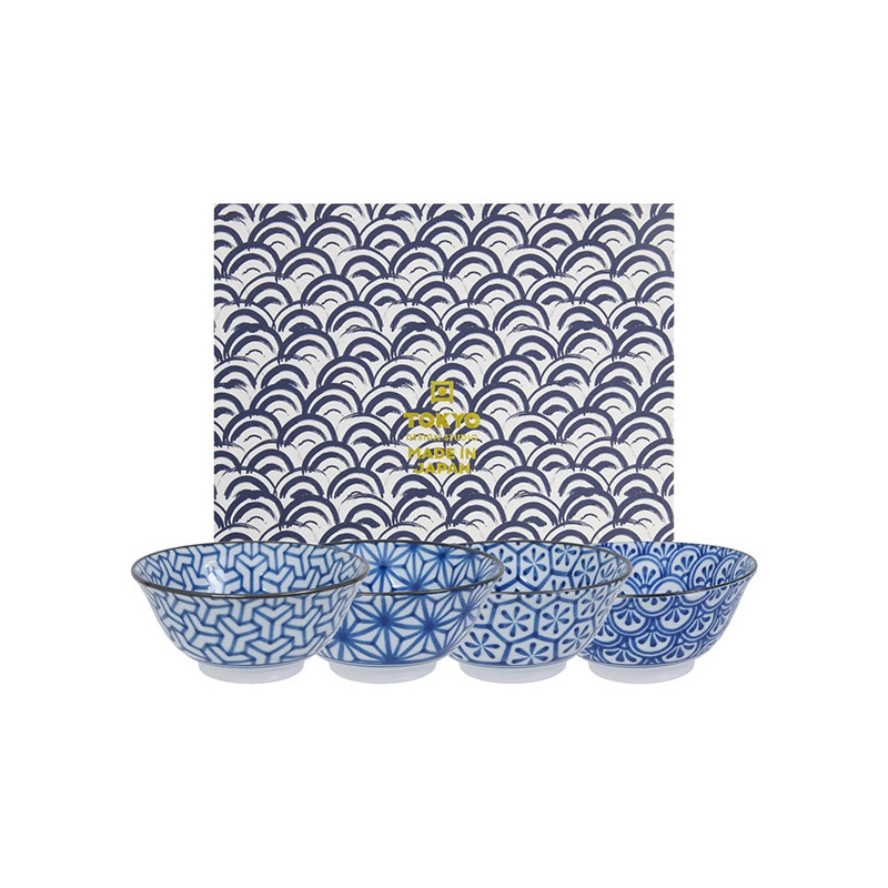 Geschenkset mit vier Porzellanschalen, japanische blaue Muster, 550 ml, mit dekorativer Schachtel