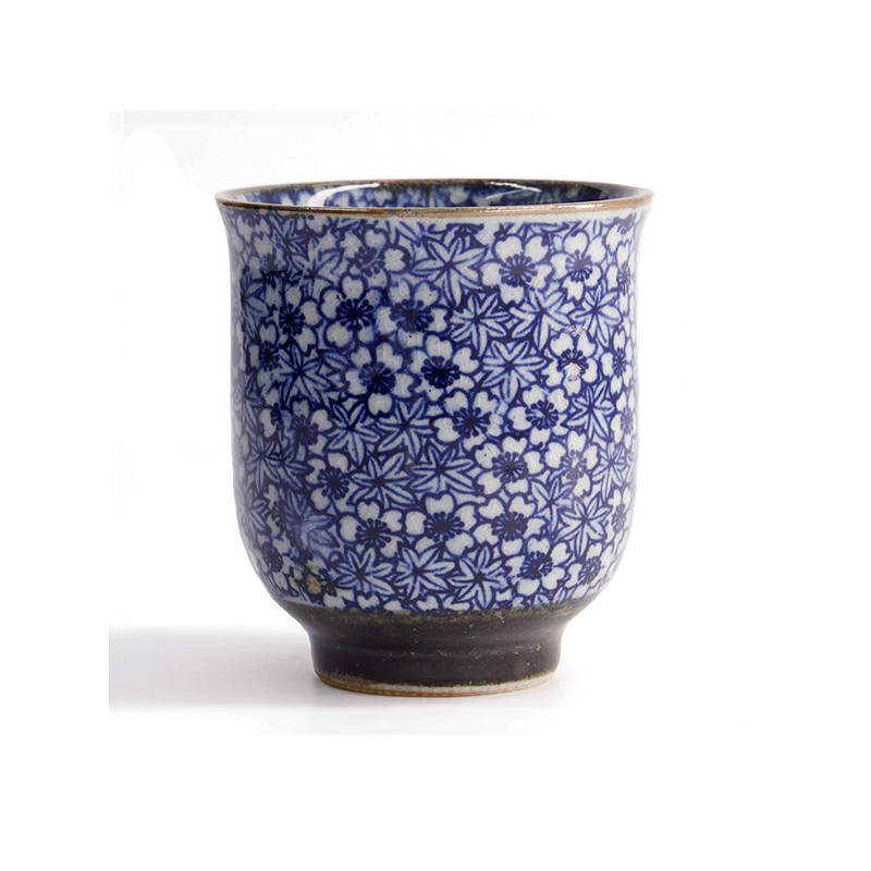 Porcelain cup with sometsuke design, maple leaves and blue flowers, 200ml