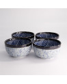 Coffret de quatre bols Aisai Seigaiha motifs vagues bleues et blanches 550ml
