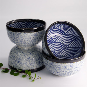 Aisai Seigaiha bowls set 550ml blue wave patterns and speckled white glossy finish