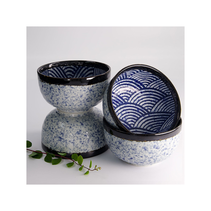 Set Aisai Seigaiha kommen 550ml blauwe golfmotieven en wit gespikkeld glanzende afwerking