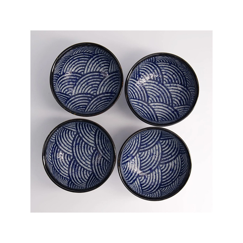 Quatre bols Aisai Seigaiha 550ml motifs vagues bleues et blanches traditionnels japonais