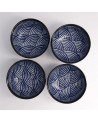 Quatre bols Aisai Seigaiha 550ml motifs vagues bleues et blanches traditionnels japonais