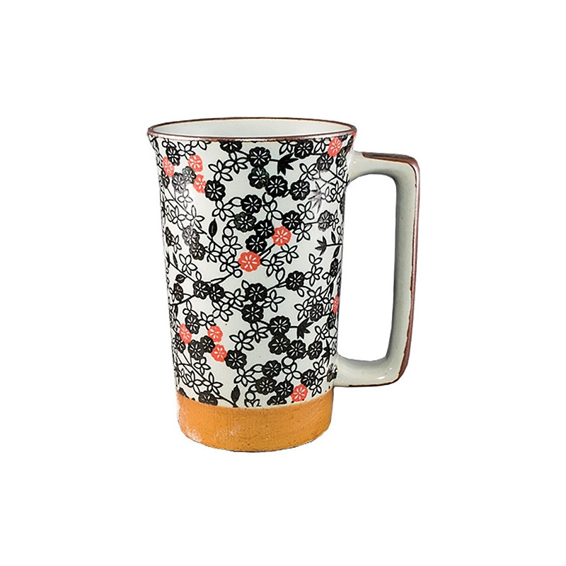 Keramiktasse mit schwarzen und roten Blumenmotiven, braune Basis, quadratischer Henkel, japanischer Stil