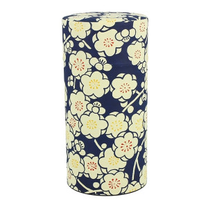 Zylinderförmige Schachtel aus Washi-Papier mit Blumenmotiv in Weiß auf dunkelblauem Hintergrund