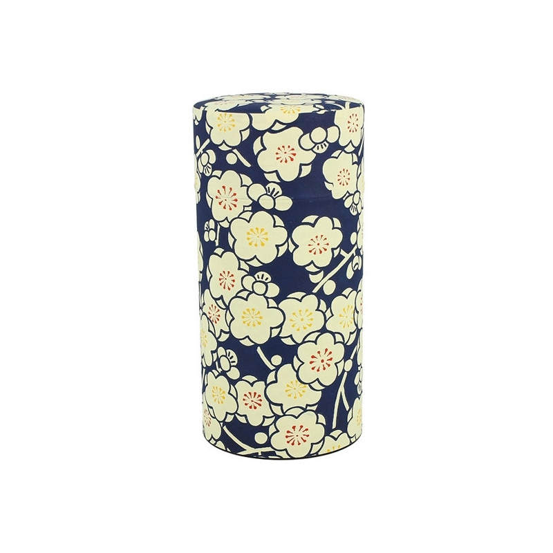 Zylinderförmige Schachtel aus Washi-Papier mit Blumenmotiv in Weiß auf dunkelblauem Hintergrund