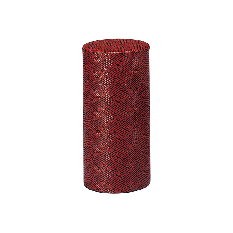 Zylindrische Schachteln aus rotem Washi-Papier mit schwarzem Flechtmuster für Tee und Aufgüsse