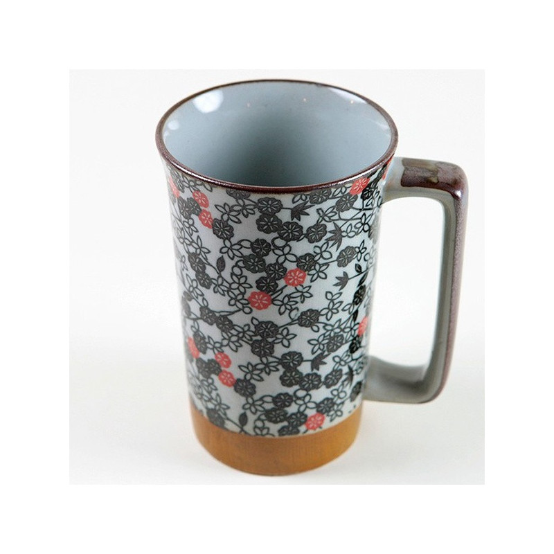 Mug en céramique motif fleurs noires et rouges avec anse rectangulaire et base imitation bois