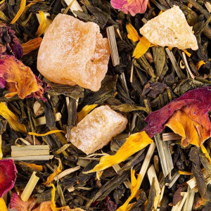 tè verde pure passion foglie di tè pezzi di frutta e petali di fiori colorati