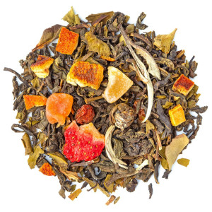 Mischung aus Weißtee, getrockneten Blättern, Zitrusfrüchten und gefriergetrockneter Erdbeere von Thés & Traditions