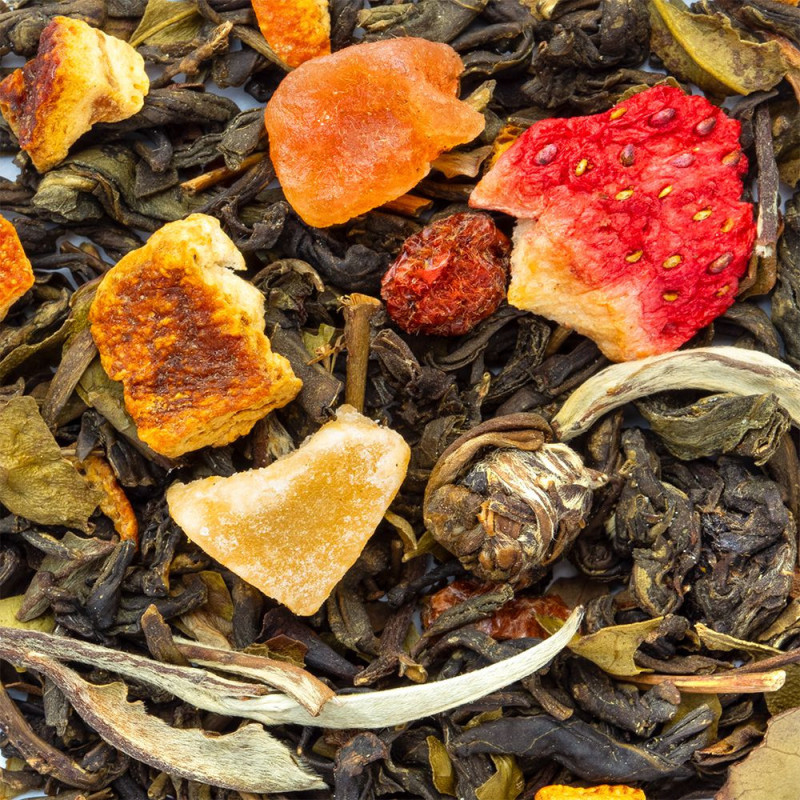 Tè bianco del Drago miscela foglie di tè bianco e pezzi di frutta secca colorati