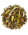 Dried Paï Mu Tan white tea leaves with green and brown hues