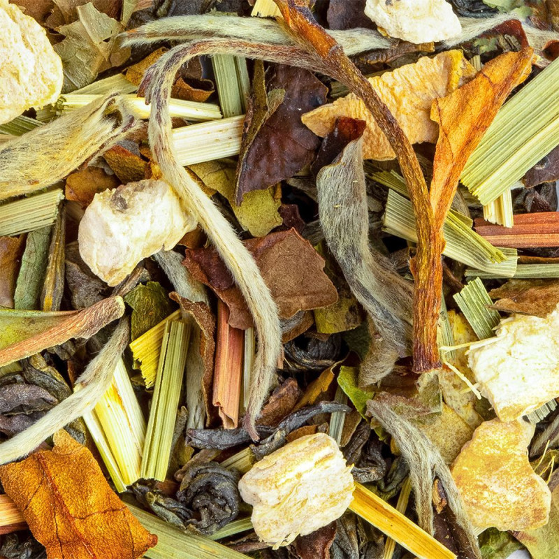melange van witte thee gemberbladeren citroen en gedroogde kruiden voor aromatische infusie