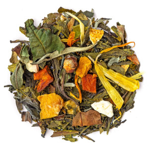 melange van witte thee met stukjes gedroogd fruit en kleurrijke bloemblaadjes