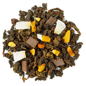 melange van oolong thee met stukjes amandel chocolade en schillen van citrusvruchten