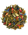 Mischung aus Oolong-Teeblättern mit roten und blauen Blütenblättern und Stücken getrockneter Blätter