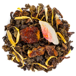 Mischung aus Oolong-Tee mit Feigenmelone-Stücken und gelben Blütenblättern